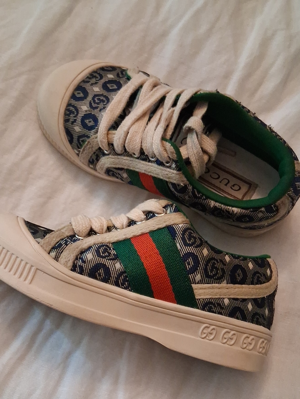 Authentic Gucci Kids Blue Monogram Sneakers with Green & Red Stripe